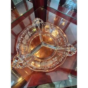 Rare Fostoria Midnight Rose 3 Part Relish Dish Etched Depression Glass Vtg 30s